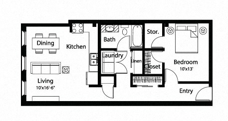 Floor plan for 1 bed, 1 bath